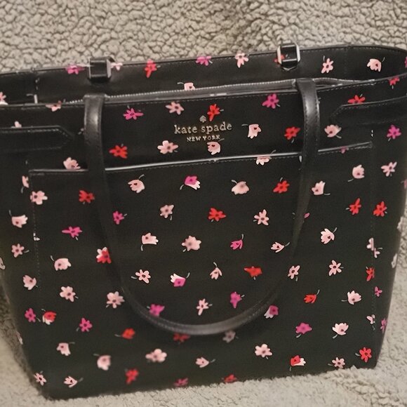 Kate Spade New York Staci Ditsy Buds Saffiano Leather Laptop Tote in Black flore - Picture 1 of 7